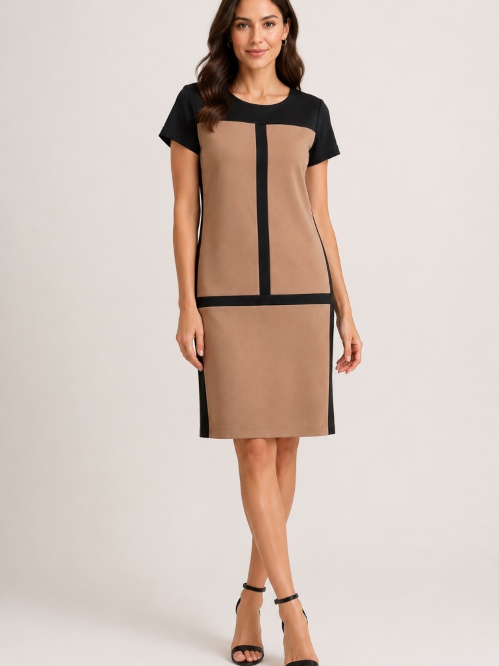 MSK Colorblock Shift Dress Black Tan Short Sleeve Knee Length Size Large